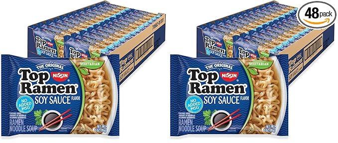 Nissin Top Ramen Noodle Soup, Soy Sauce, 3 Ounce (Pack of 48)