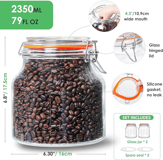 Qianfenie 2 Pack 79oz Glass Jar with Lid(2350ML), 0.6 Gallon Mason Jars Wide Mouth with Airtight Lid, Glass Pickle Jar for Food Storage, Cookies, Pickling, Kombucha(Includes 2 Spare Seals)