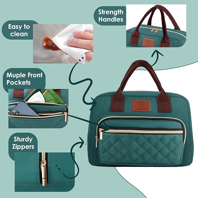 Genteen Lunch Box for Women, Insulated womens Lunch bag for work,Reusable Cute Lunch Bags,High Capacity Cooler BagTote for Work Girls Office Picnic School-Lake Green