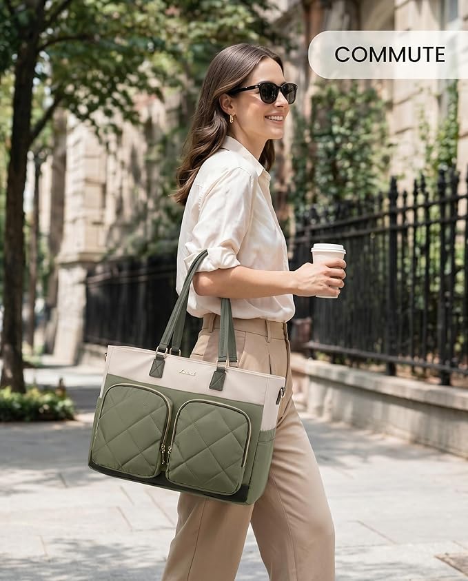 LOVEVOOK Lunch Tote Bag for Women, 2-in-1 Work Bag with Insulated Lunch Compartment, 15.6 Inch Large Capacity Laptop Tote with Cup Holder for Teacher, Nurse, Office, Outdoors, Green