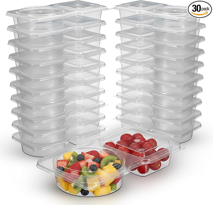 Reusable Snack Containers with Lids 30 Pack – 2 Compartment Portion Control Food Storage Boxes, Leakproof Snack Tray, Stackable Containers for Travel, Office & Home (30)