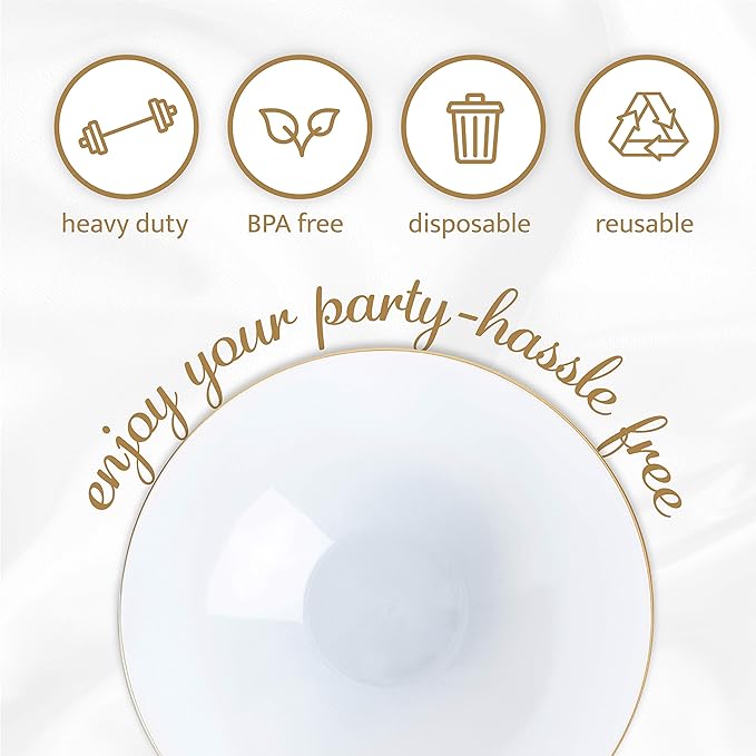 [16 OZ 10 Count] White Plastic Floral Design Party Soup bowls With Gold Rim Premium heavyweight Elegant Disposable Tableware Dishes