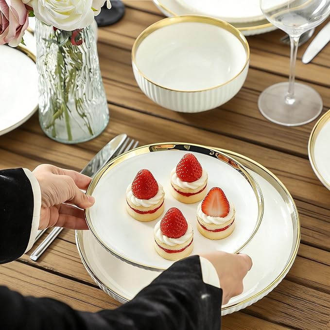 LETAOTAO Salad Plates Set of 4, 8in Ceramic Dinner Plates for Appetizer, Dessert, Porcelain Serving Plate with Gold Rim, Kitchen Porcelain Dish for Pasta, Pancakes, Steak