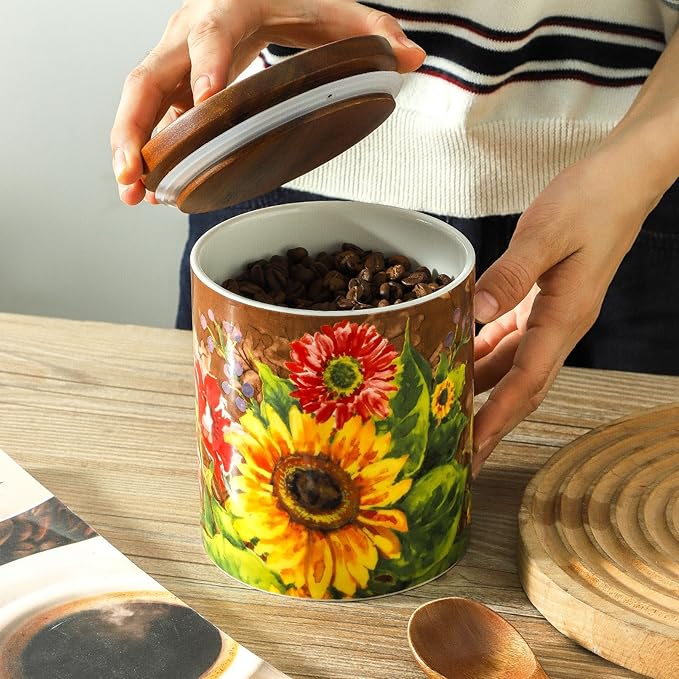 Oil painting Sunflower Food Storage Jar Strong Ceramic Storage Canisters with Airtight Seal Bamboo Lid Modern Design Seal Damp-Proof Kitchen Jar for Coffee, Tea,coffee