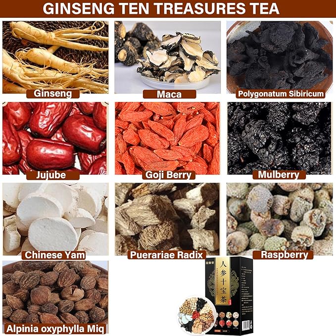 10 Pack Ginseng Ten Treasures Tea, Chinese Herbal Kidney Detox Tea for Men & Women, 10 Precious Ingredients Formula (260g,10 bags/Box)