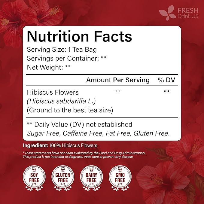 FreshDrinkUS, Premium 40 Hibiscus Flowers Tea Bags, 100% Natural, Pure from Hibiscus Flowers. Loose Flower Herbal Tea. No Sugar, No Caffeine, No Gluten, Vegan.