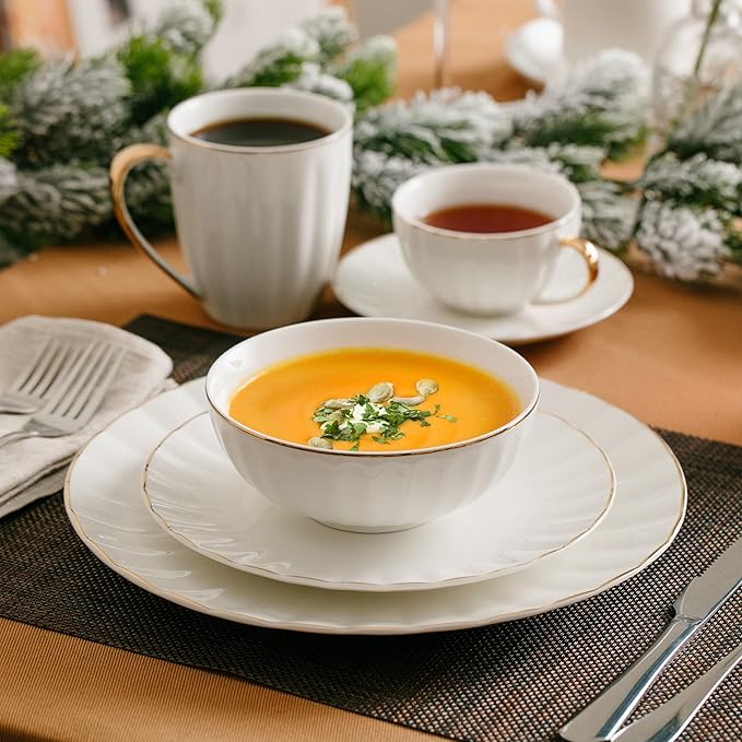 BTaT- Porcelain Dinner Plates with Gold Trim,10.5 inch, Set of 6, White Dinner Plates Bulk, White Plate Set
