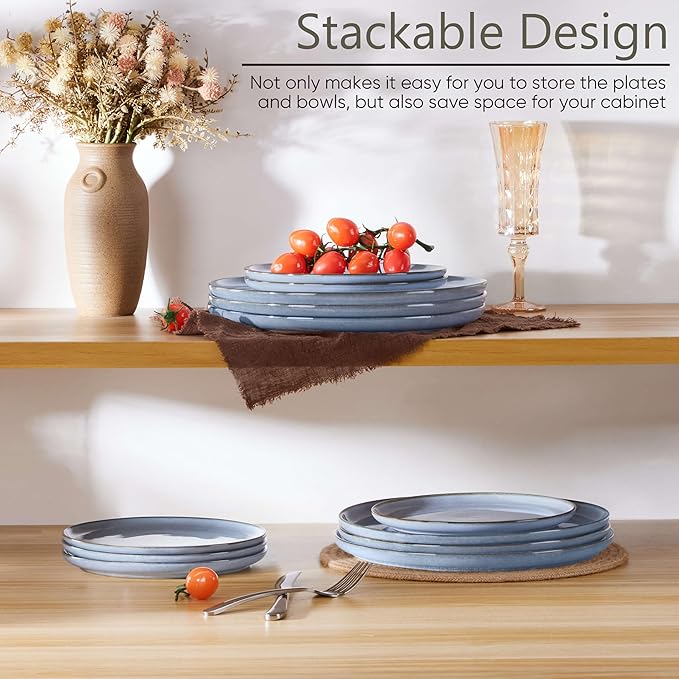 Herogo 4-Piece Stoneware Dinner Plates Set, 7.9" Ceramic Round Dessert Plate Set, Small Handmade Double Reactive Glaze Dinnerware Plates for Kitchen, Microwave, Oven and Dishwasher Safe, Haze Blue