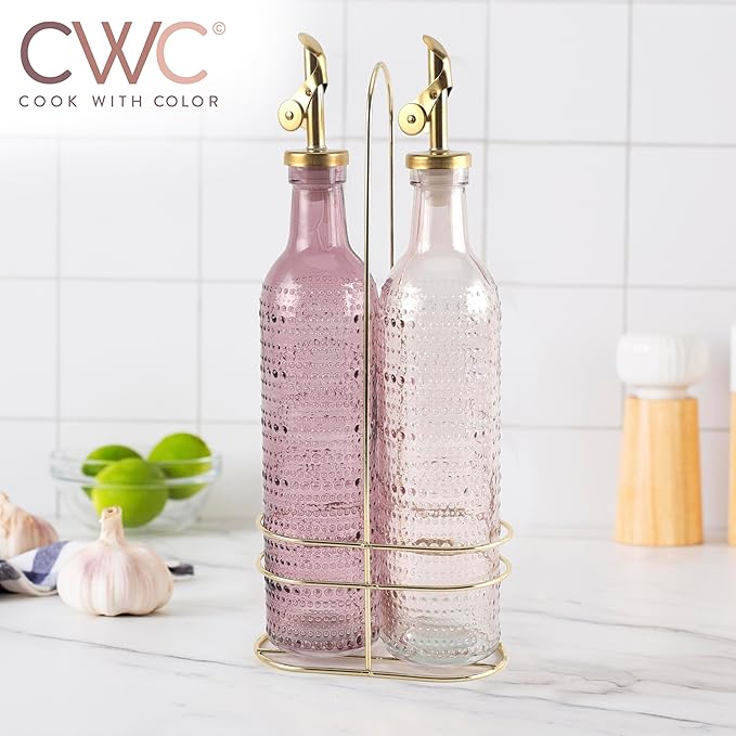 COOK WITH COLOR Glass Olive Oil Bottle Dispenser - 2 Pack- 17oz Oil and Vinegar Cruet - Olive Oil Carafe Decanter for Kitchen, Champagne Bubbles, Pink
