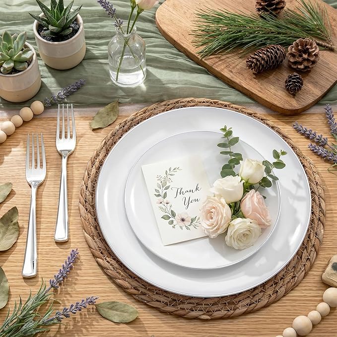 KIRE 200PCS Silver Plastic Plates - White Plastic Plates with Silver Rim Include 100 Dinner Plate and 100 for Dessert/Salad Plate for Birthday/Wedding/Party/Father's Day
