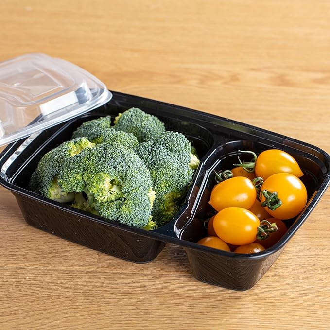 Professional 32oz Meal Prep Containers - 50-Pack (100 Pcs) 2-Compartment with Lids, Secure Seal, Microwave/Freezer/Dishwasher Safe - Bulk Black Food Storage
