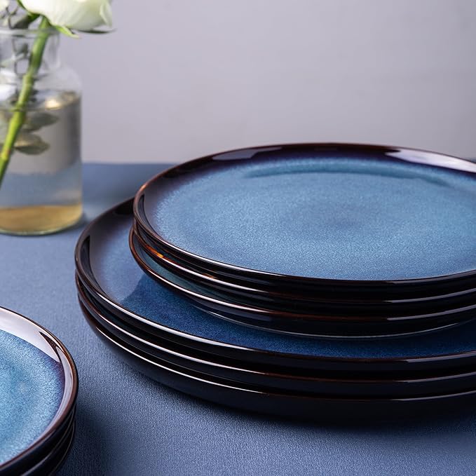LERATIO Ceramic Plate Set of 6,8.5 Inch Reactive Glaze Light Weight Porcelain Salad Plates,Modern Shape Dinnerware Dishes Set for Kitchen,Microwave&Dishwasher&Oven Safe,Resistant-Indigo Blue