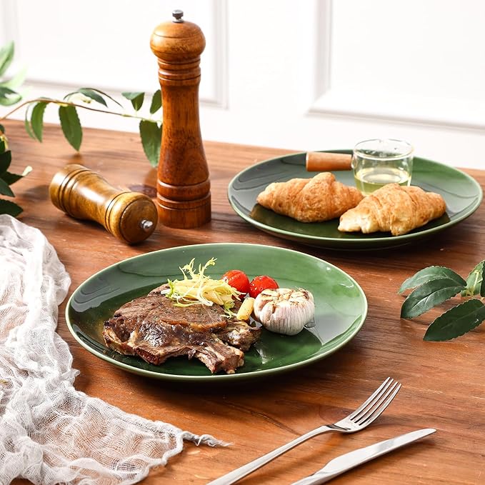 vicrays Ceramic Round Plates Set of 6 - Porcelain 10 inch Dinner Plates for Salad Dessert Appetizer Bread - Microwave Oven and Dishwasher Safe - Green