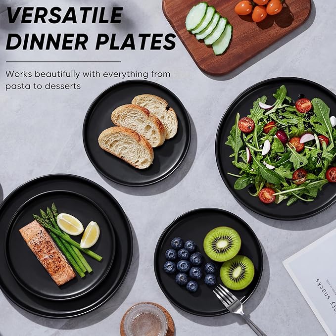 E-far Dinner Plates Set of 6, 10.5 Inch Stoneware Dinner Plate with Raised Edges, Chip & Scratch Resistant | Microwave & Dishwasher Safe Modern Ceramic Dishes for Dessert Salad, Matte Black