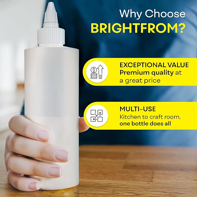 BRIGHTFROM Condiment Squeeze Bottles, 16 OZ Empty Squirt Bottle with Twist Top Cap, Leak Proof - Great for Ketchup, Mustard, Syrup, Sauces, Dressing, Oil, Arts and Crafts, BPA FREE Plastic - 4 PACK