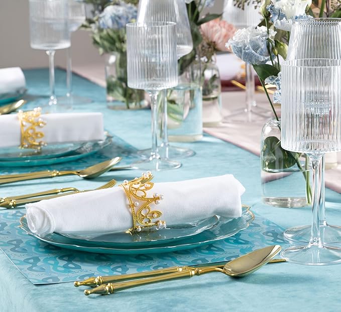 PLASTICPRO 96 Piece Aristocratic Pearl Blue Combo Plastic Dinner Plates Disposable Plastic Fancy Heavy Duty Party Dishes 48, 7'' inch and 48, 10'' inch, Pearl Blue With Gold Rim