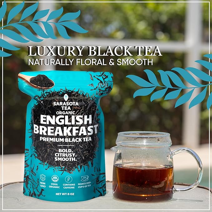Organic English Breakfast Loose Leaf Tea | Traditional Strong Black Tea Blend | Full-Bodied Gourmet Flavor | High Caffeine | 8oz Bag | Fresh Leaves for Hot or Iced Tea | Non-GMO