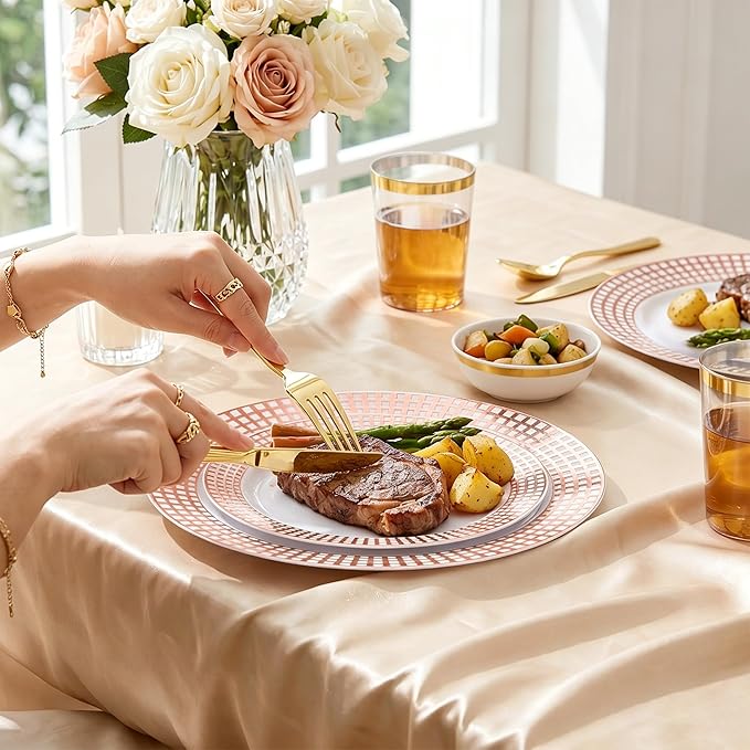 Fijinhom 100PCS Heavy Duty Gold Plastic Plates for 50 Guests, for Party, Wedding, Birthday, Dinnerware Set of 50PCS 10" Dinner Plates & 50PCS 7.5" (Rose Gold)