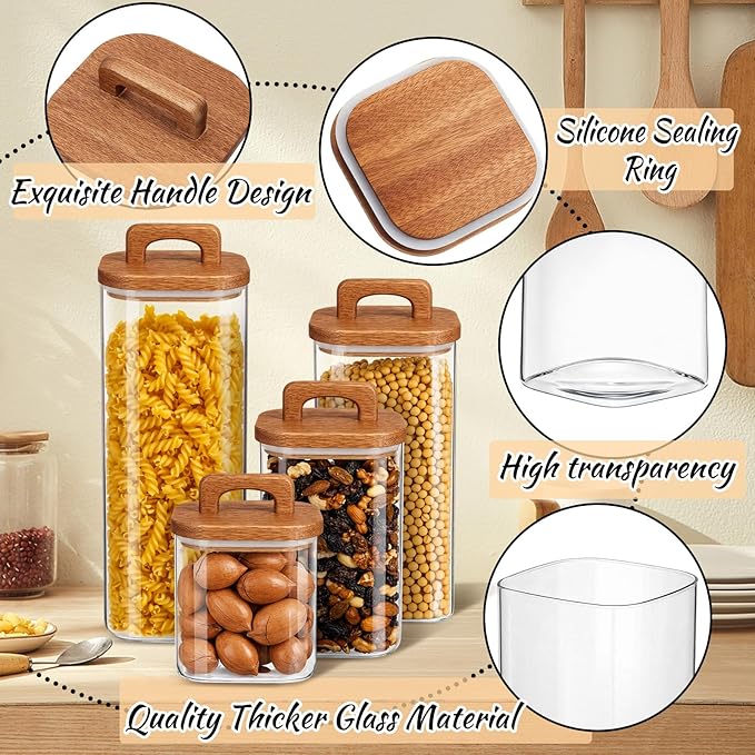Layhit 4 Pcs Glass Food Storage Jars with Airtight Wood Lid Storage Jars Containers with Stickers Marker for Candy, Cookie, Rice, Sugar, Flour, Pasta, Nuts, 4 Size (Square)
