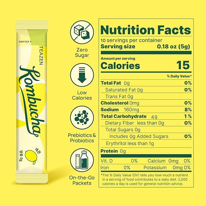 TEAZEN Lemon Kombucha Tea, Hydration Drink Mix, Sugar Free, Live Probiotics & Prebiotics, 10 Sticks, 1.76oz