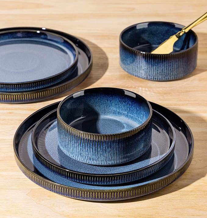 TheTerra Ceramic Dinnerware Sets for 6, 18 Pieces Porcelain Lightweight Plates and Bowls Sets, Scratch Resistant Dish Set, Oven & Microwave & Dishwasher Safe, Starry Blue