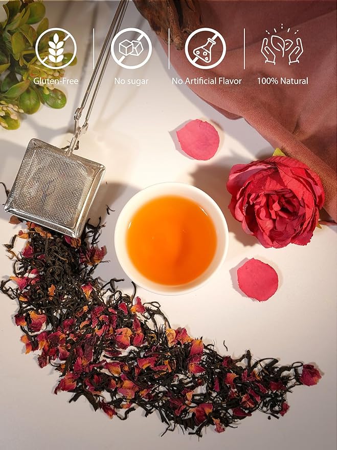TeeLux Rose Black Tea Loose Leaf, Premium Black Tea with Rose Petals, Floral Aroma, Smooth & Refreshing Taste, Hot & Iced Tea, 7oz