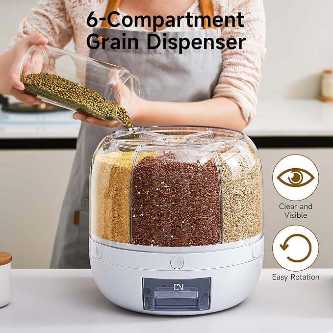UFORU Rice Dispenser | 360° Rotating Grain Storage Bin - 6 Grids, 20LBS Large Capacity Food Container, Moisture-Proof, One-Click Output for Rice, Beans & Pet Food - Kitchen Pantry Organizer