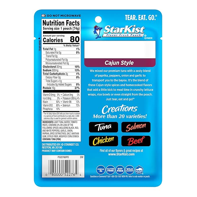 StarKist Tuna Creations Cajun Style Pouch (2.6 oz - 24 Pack) Wild Caught, High Protein Shelf Stable Seafood, Gluten Free, Soy Free, No Draining, Ready to Eat for Salads and Sandwiches