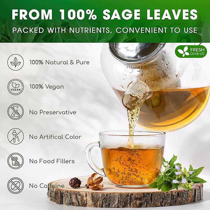 FreshDrinkUS, 75 Sage Leaf Tea Bags, 100% Natural & Pure from Sage Leaves. Loose Leaf Sage Herbal Tea. Sage Leaf Tea. Made with Natural Material Tea Bags. No Sugar, No Caffeine, No Gluten, Vegan.