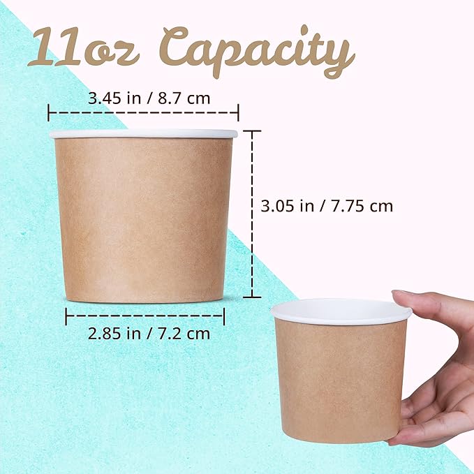 MATICAN Paper Ice Cream Cups - 50-Count 11-Oz Disposable Dessert Bowls for Hot or Cold Food, 11-Ounce Party Supplies Treat Cups for Sundae, Frozen Yogurt, Soup, Brown