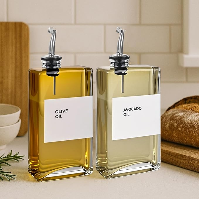 Spaceneat Olive Oil Dispenser Bottle - Includes 44 Kitchen Essential Labels - Cooking Oil Bottles for Kitchen, Coffee Syrup Dispenser - Pourer Spout with 11.8 fl oz Glass Container Cruet - 4pcs Silver