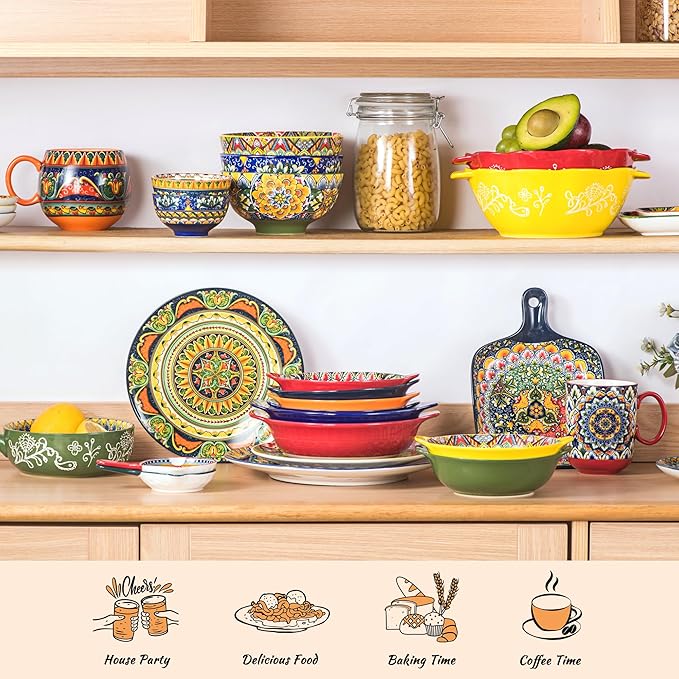 Henten Home Ceramic Cereal Bowls Set，25 oz Soup Bowls Set of 6, Colorful Serving Bowl with Handle for Kitchen, Microwave & Dishwasher Safe for Soup, Fruit, Pasta, Bohemian Style