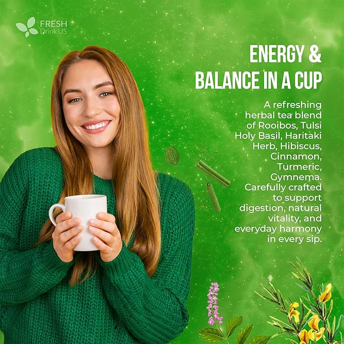 FreshDrinkUS, 30 Tea Bags Herbal Tea – Caffeine-Free Herbal Tea with Rooibos, Turmeric & Hibiscus – Loose Leaf Blend for Daily Rituals and Clean Living – Vegan, No Additives