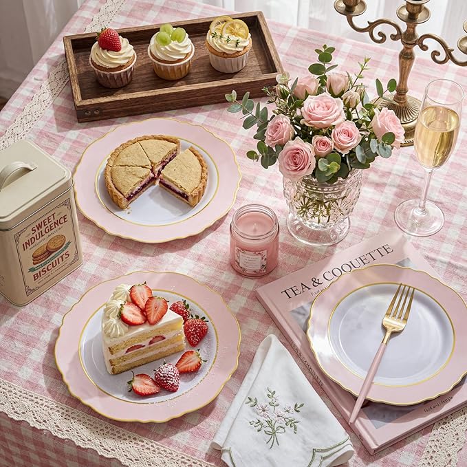 WDF 60pcs Pink Dessert Plates - 7.5inch Baroque Pink and White Disposable Dessert Cute Cake Plates for Upscale Parties &Wedding-Special for Baby Shower, Brithday, Tea Party