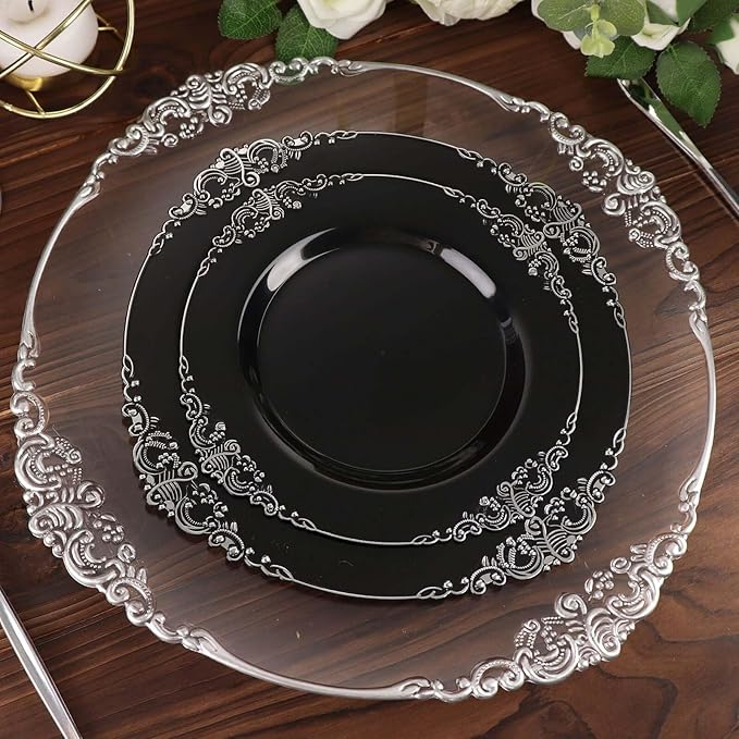 Efavormart 10 Pack | 8" Black and Silver Baroque Dessert Plates, Leaf Embossed Metallic Rim Heavy Duty Appetizer Plates for Industrial Chic Events