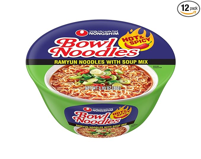 Nongshim Ramen Noodles, Gourmet Instant Ramen bowl, Premium Microwavable Noodle Soup, Hot & Spicy, 3.03 Ounce (Pack of 12)
