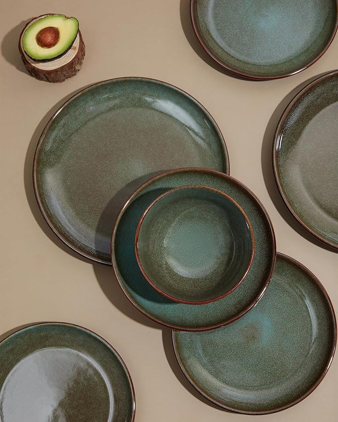Pokini 32 Piece Double Bowl Dinnerware Sets with Pasta Bowls, Highly Chip and Crack Resistant Plates and Bowls Sets, Natural Earthyware Ceramic Dishware Sets, Service for 8 Brown Green