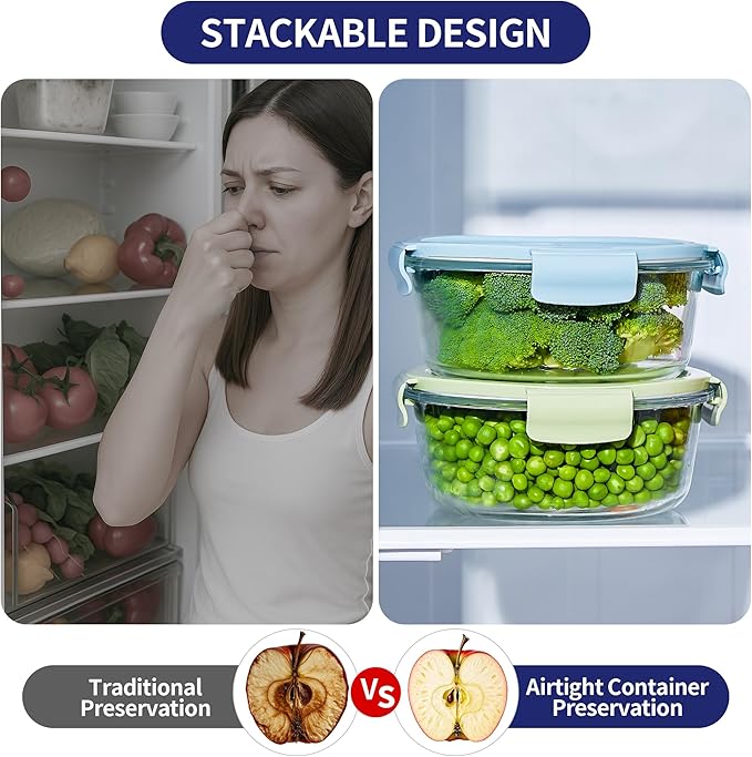 8 Pcs Round Glass Containers with Lids Airtight 4 Cup Glass Storage Containers Set Meal Prep Containers for Soup Leftover Microwave, Dishwasher, and Freezer Safe (6pc)