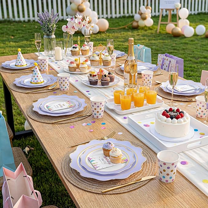 WDF 100PCS Purple Disposable Plates - Lavender Plates - Heavy Duty Scalloped Purple Plastic Plate for Party/Wedding/Birthday/Spring