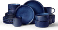 Famiware Star 16-Piece Stoneware Dinnerware Set, Service for 4, Reactive Glaze Mugs, Plates and Bowls, Dishes with Trim, Modern Rustic, Chip/Scratch Resistant, Microwave/Dishwasher Safe, Nebulas Blue