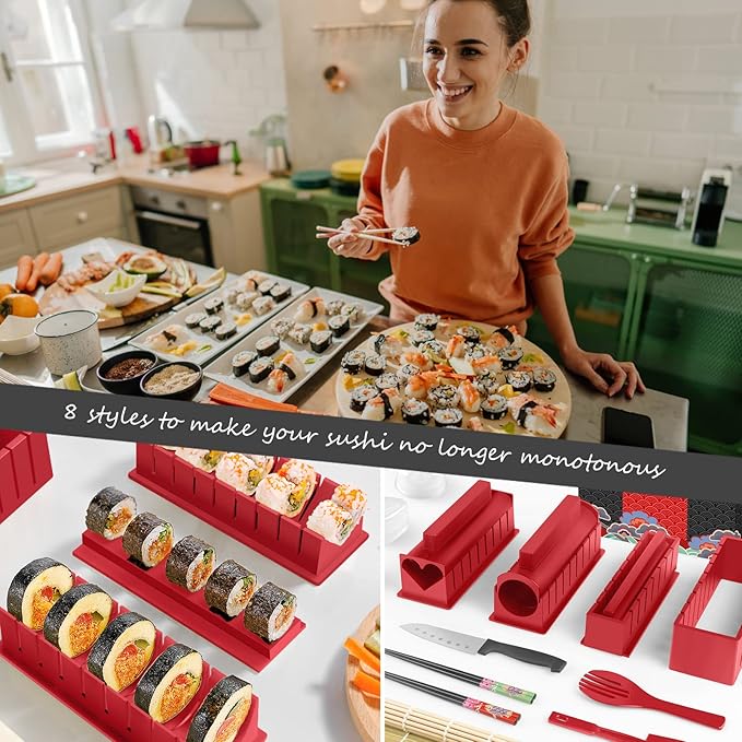HI NINGER Sushi Making Kit Deluxe Edition Complete Sushi Maker Kit 12PCS Home Sushi Mold Press with Sushi Rice Roll Mold Shapes,Fork , Sushi Knife,Sushi Rolling Mat,Chopsticks