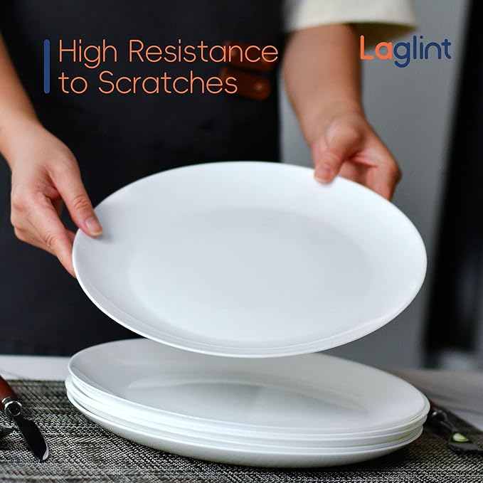 LaGlint 10.5 inch Dinner Plate Set of 6, Lightweight Round Opal Glass White Dinnerware Plates, Dishwasher and Microwave Safe
