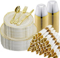 Bestluck 350PCS Ivory Plastic Plates for 50 Guests, Disposable Dinnerware Sets Include 100 Gold Rim Plastic Plates, 50 Silverwares, 50 Cups, and 50 Pre Rolled Napkins for Party, Wedding, Graduation