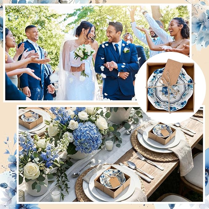 SiliFine 24 Pcs Wedding Favors for Guests Small Ceramic Bowl Bulk Gifts Set 3.3 Inch Floral Design Mini Dipping Sauce Dish with Card Box for Bridal Pooja Baby Shower Birthday (Rose,Blue)