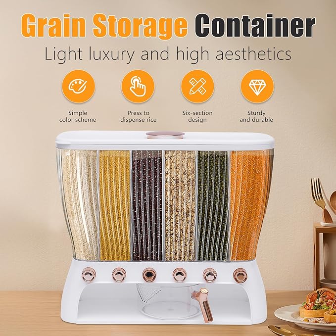 6 Grids Rice & Grain Storage Container 22.05 Pounds Rice Dispenser Food Dispenser Grain Dispenser One-Button Pressing Storage Bucket for Grains Snacks Candy Coffee Beans Dog (White)