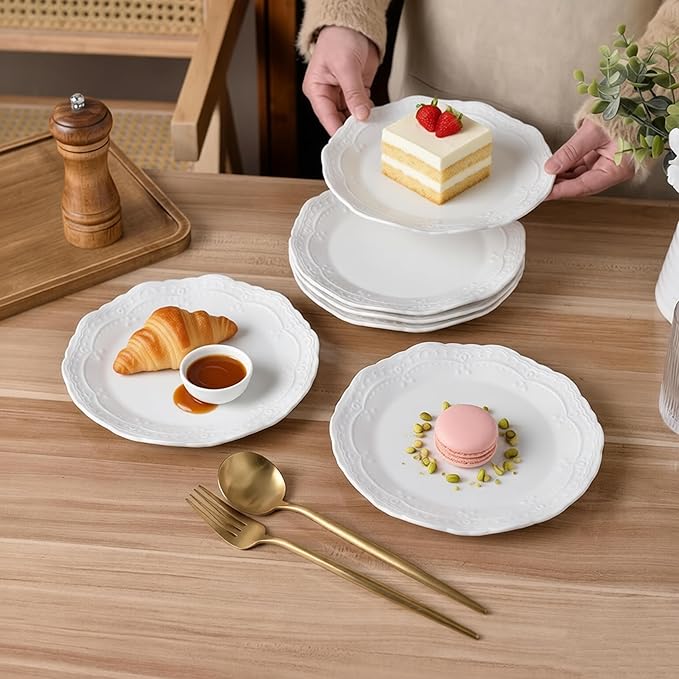 8 Inch Porcelain Dessert Plates Set of 6,Appetizer Plates,White,Embossed,Heat Resistant,Scratch Resistant,Highly Glossy Glaze,Dishwasher safe (Picapica 8‘’)