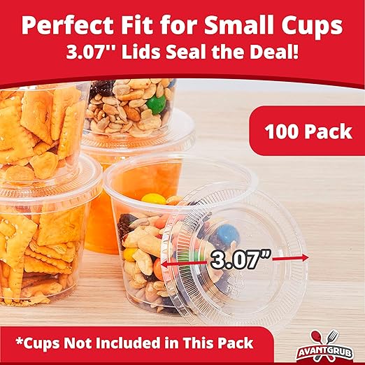 Leakproof, BPA Free 5.5 oz Souffle Lids 100 PK. Stackable Lids for Containers for Sampling, Salad Dressing, Sauce or Jello Shots. Plastic Food Prep Supplies for Restaurant, Cafe, Catering, Deli, Party