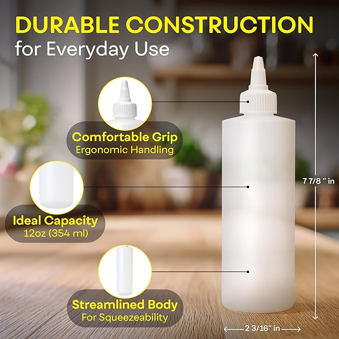 BRIGHTFROM Condiment Squeeze Bottles, 12 OZ Empty Squirt Bottle with Twist Top Cap, Leak Proof - Great for Ketchup, Mustard, Syrup, Sauces, Dressing, Oil, Arts and Crafts, BPA FREE Plastic - 4 PACK