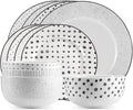 Safdie & Co. 12-Piece Black & White Sketch Dinnerware Set, Porcelain, Includes Plates, Bowls, and Serving Dishes, Dishwasher Safe