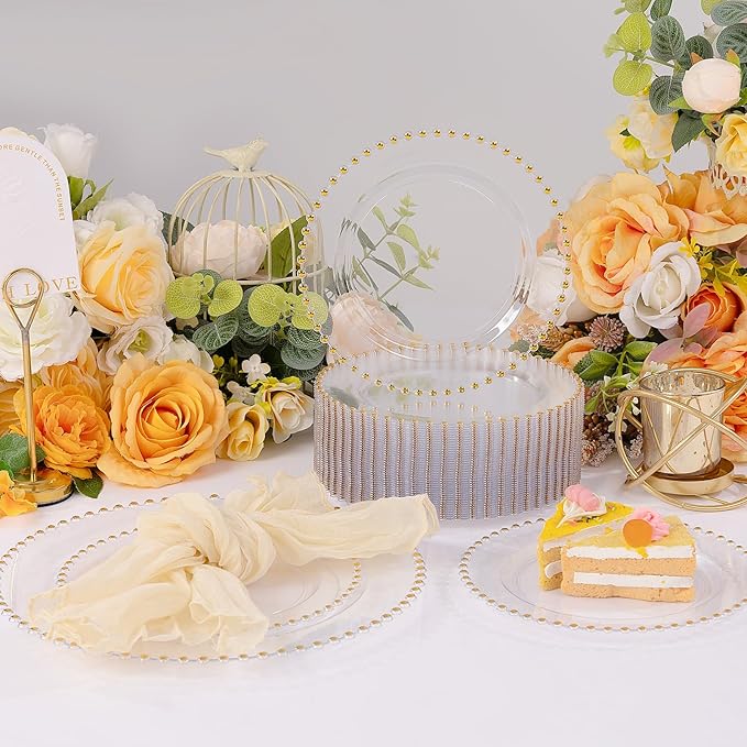 supernal 100pcs Clear Plastic Plates with Gold Beads-Clear and Gold Plastic Plates Disposable Heavy Duty-50 Dinner Plate 10.25inch and 50 Dessert Plate 7.5inch for Wedding,Birthday,Bridal Showers